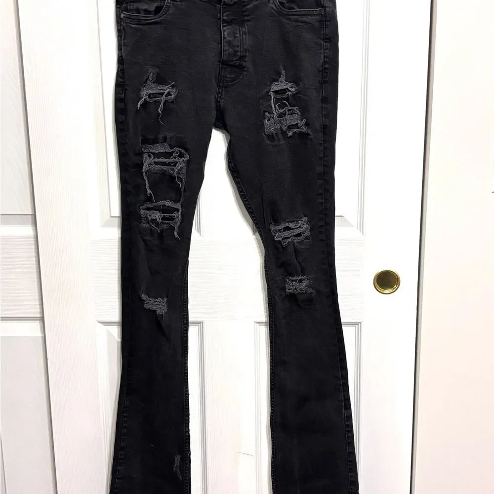Boohoo MAN | Men’s Stacked Long Black Distressed Dark Wash Denim Jeans 31 x 36